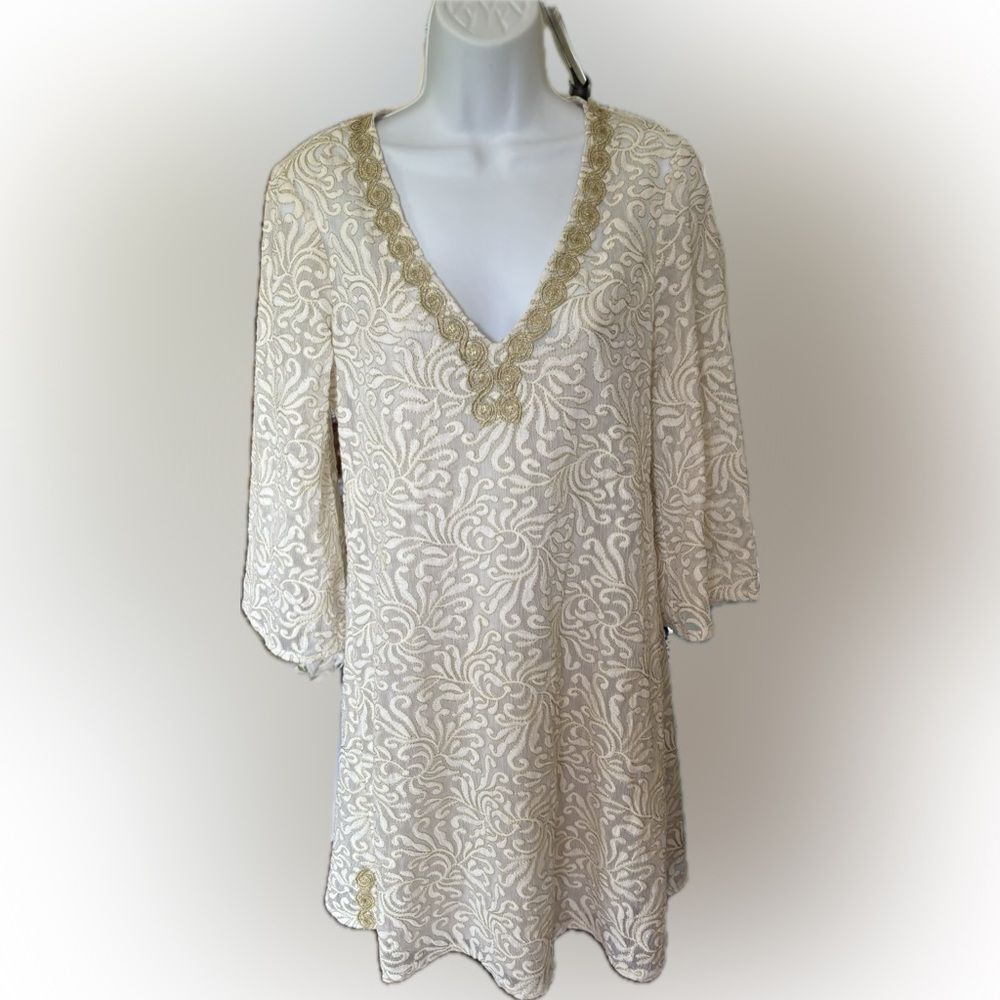 Yoana Baraschi Lace Cream and Gold Women’s Tunic Dress Size Small